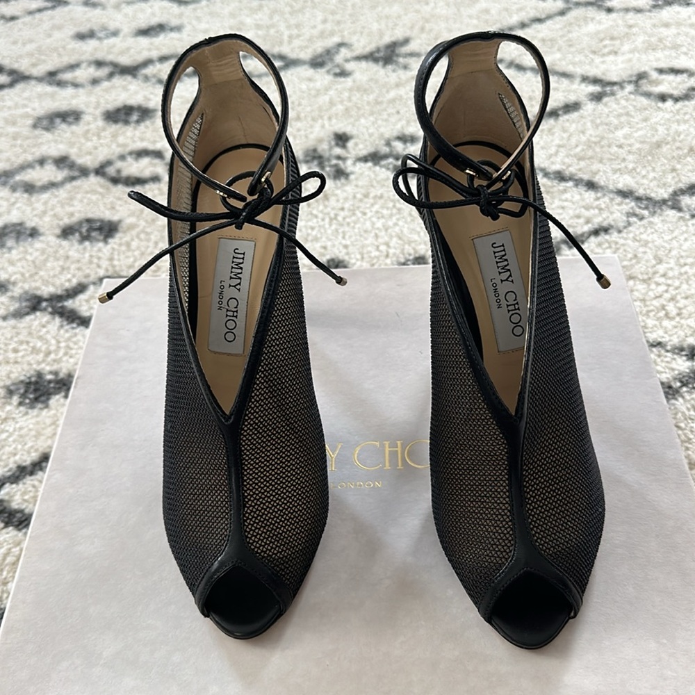 Jimmy Choo Sayra Black Leather and Mesh Bootie/Sandal